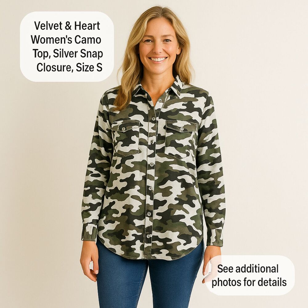 Velvet & Heart Women's Camo Top, Silver Snap Closure, Size S, #F1228